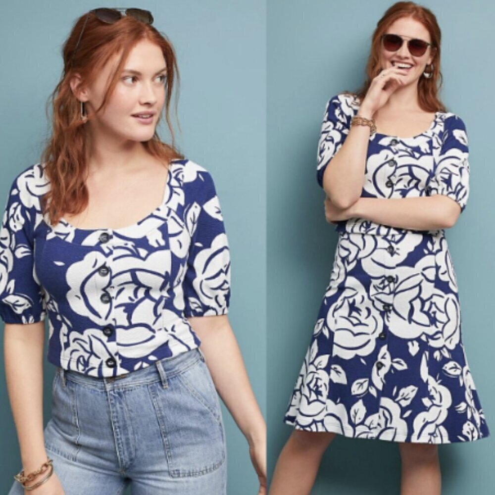 MAEVE BY Anthropologie Amiens Blue White Floral Crop Top 22009